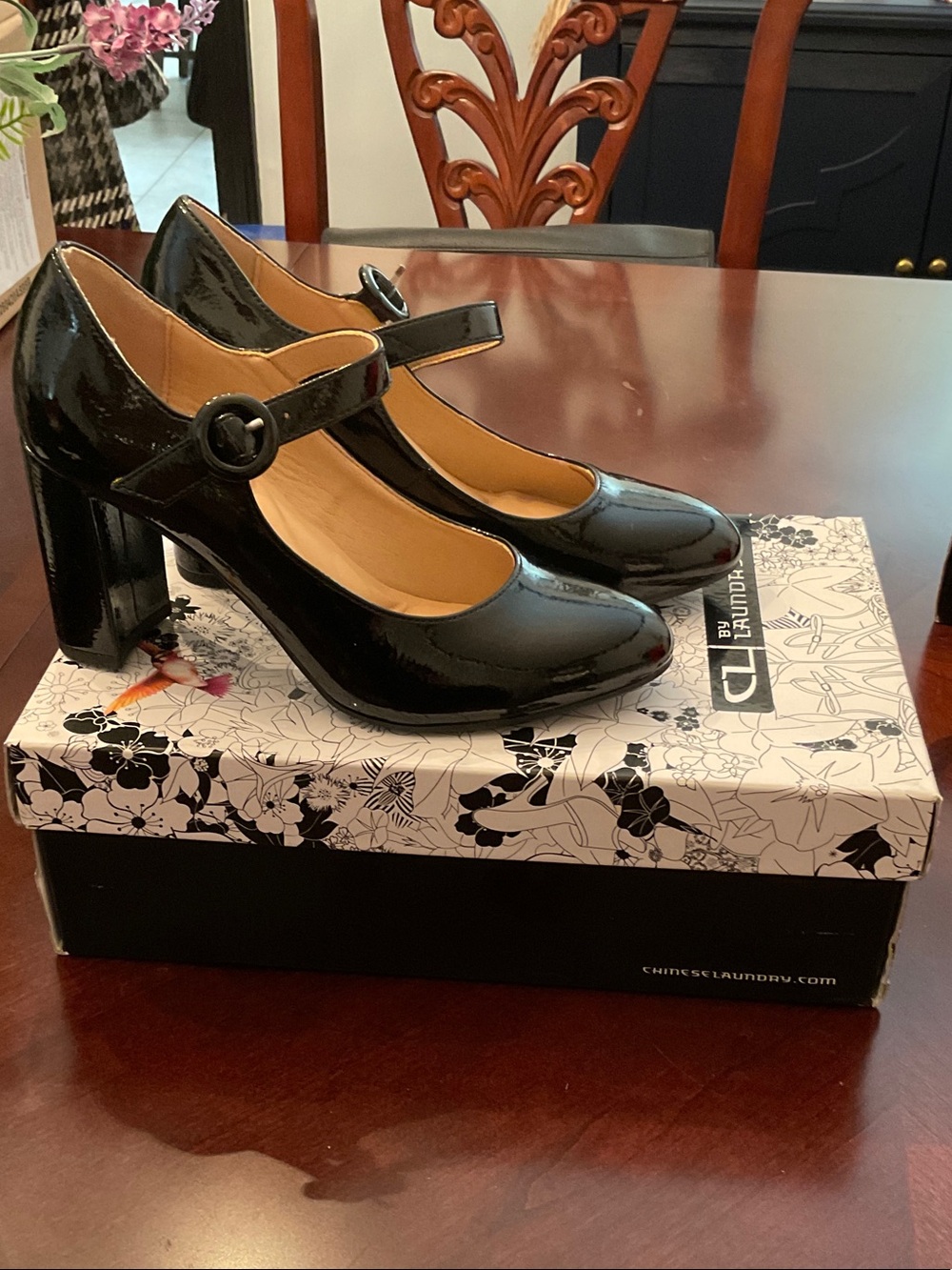 Chinese Laundry Black Patent Mary Jane Block Heels